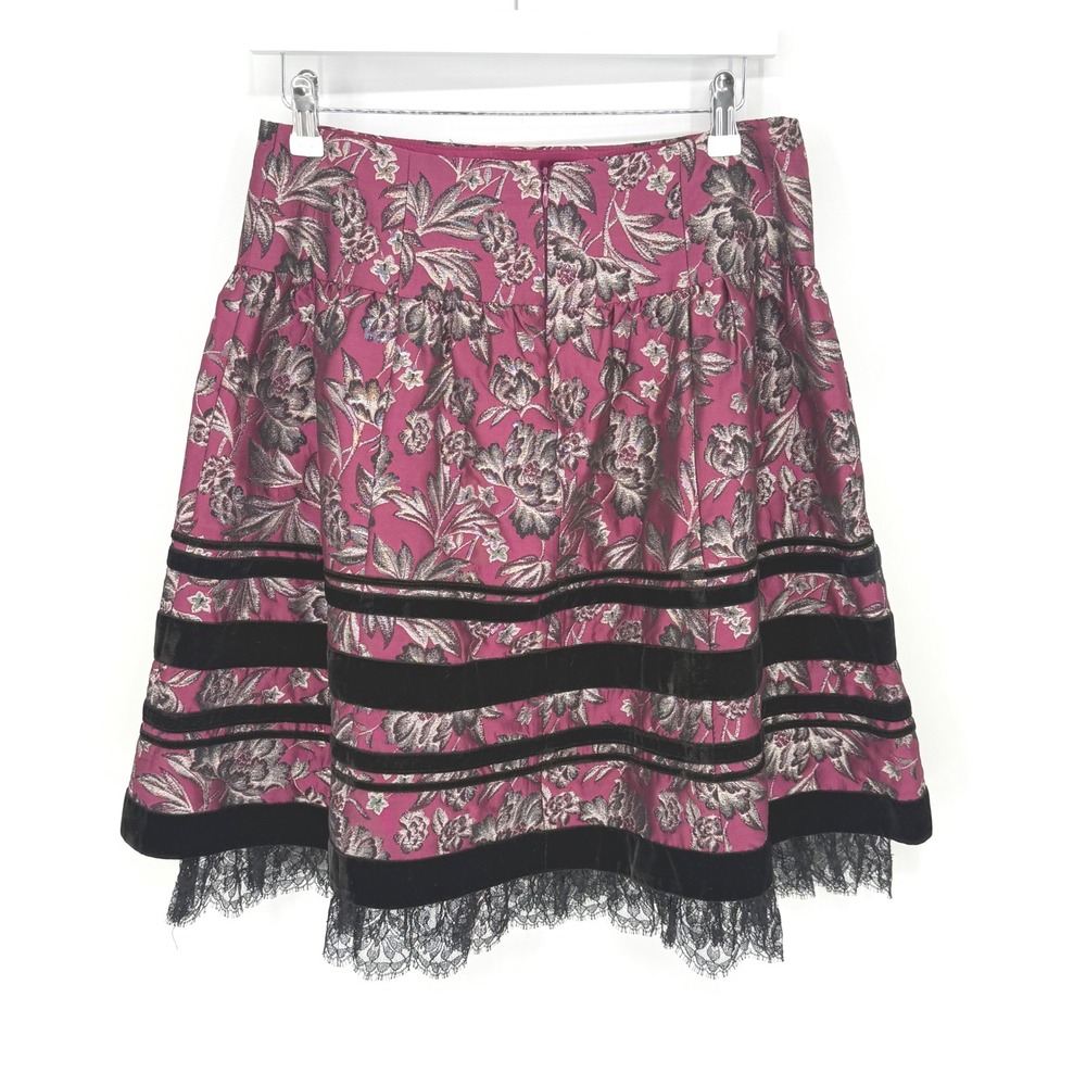 Nanette Lepore Women's Size 4‎ Jacquard Floral Velvet Lace Trim Skirt Burgundy - Picture 4 of 8